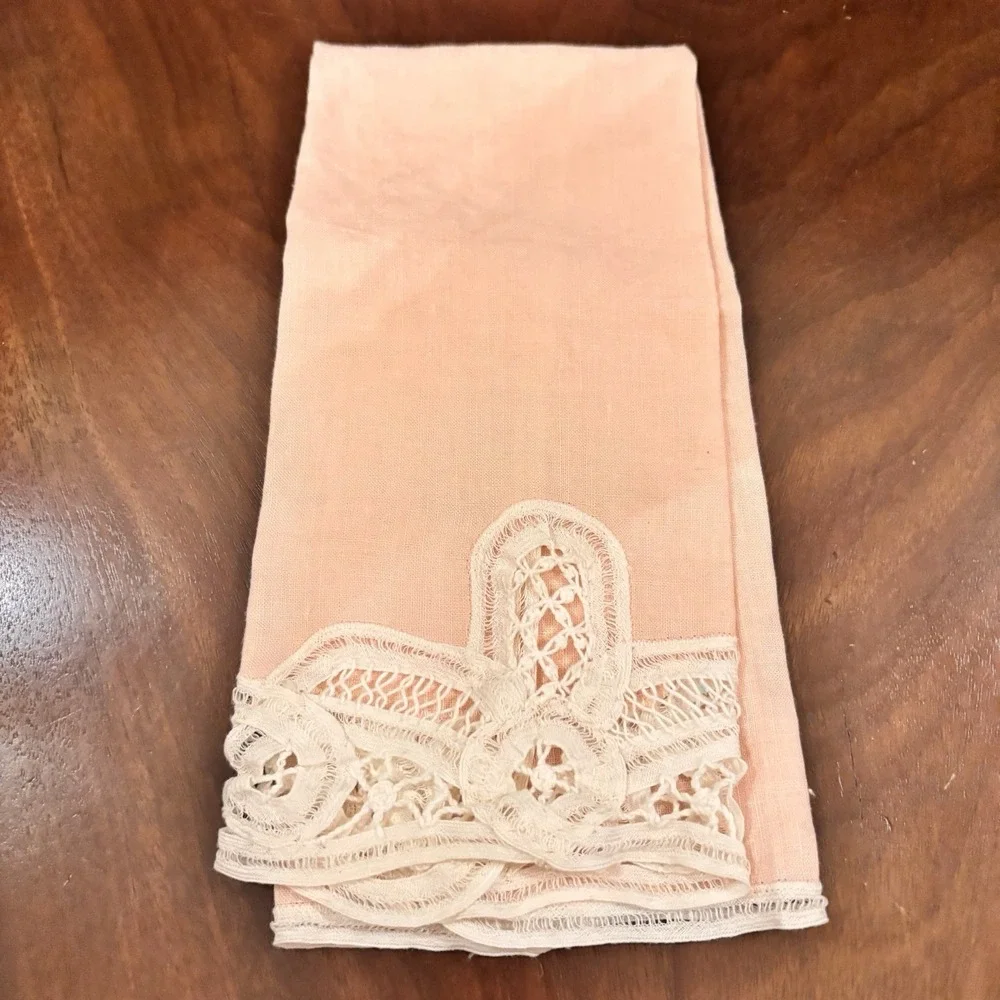 Vintage 2 Blush Pink Linen Guest Towel  Lace Cottage Shabby Chic Fingertip